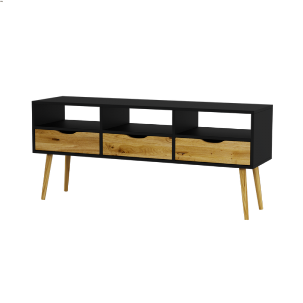 TV cabinet BOX 150 cm, black with wood, Scandinavian style - 1
